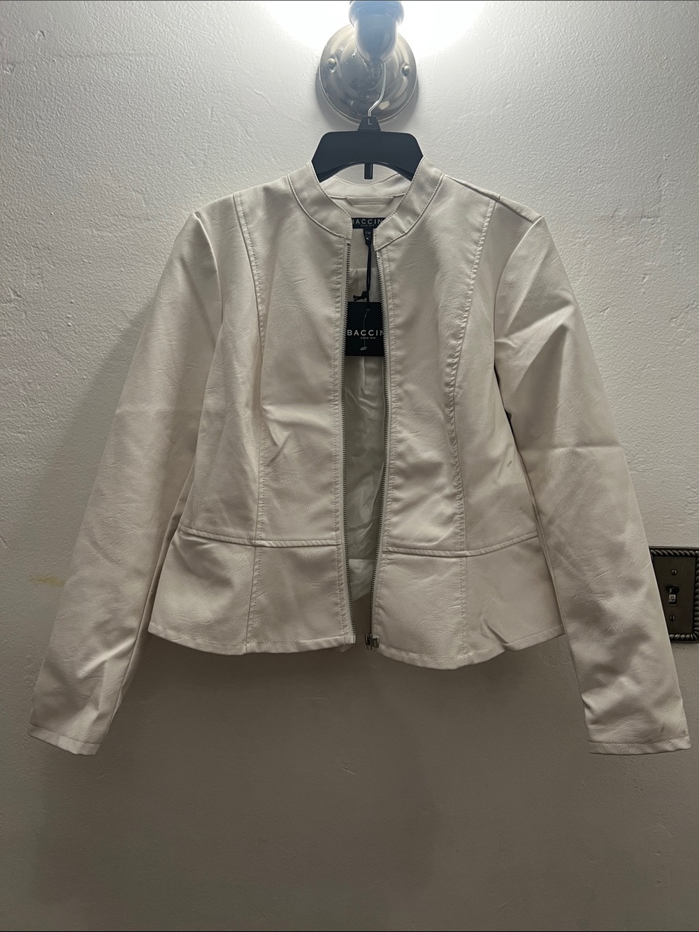 Baccini Cream Collarless Leather Zip Jacket